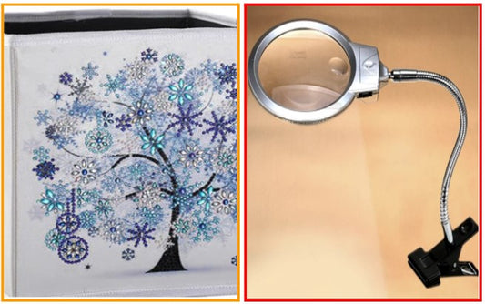 Starter's Pack - DIY Diamond and Drill Painting Storage Box (Ice Blue Tree) + Magnifying Glass with light and adjustable neck