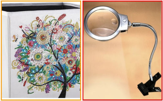 Starter's Pack - DIY Diamond and Drill Painting Storage Box (Rainbow Tree) + Magnifying Glass with light and adjustable neck